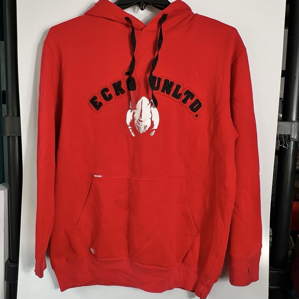 Y2K Ecko Unltd Sz M Rhino Graphic Hoodie Red Thumbhole Sleeves Logo *See Details